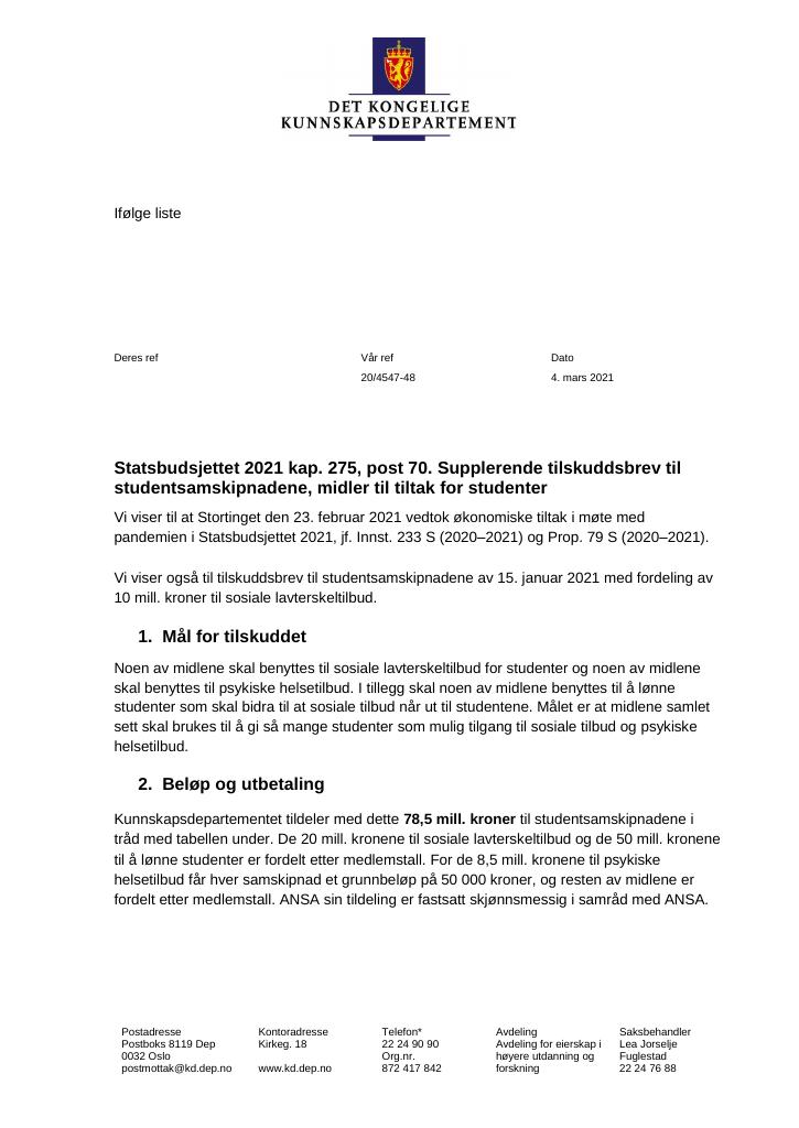 Forsiden av dokumentet Tilskuddsbrev studentsamskipnadene 2021 - tillegg nr. 1