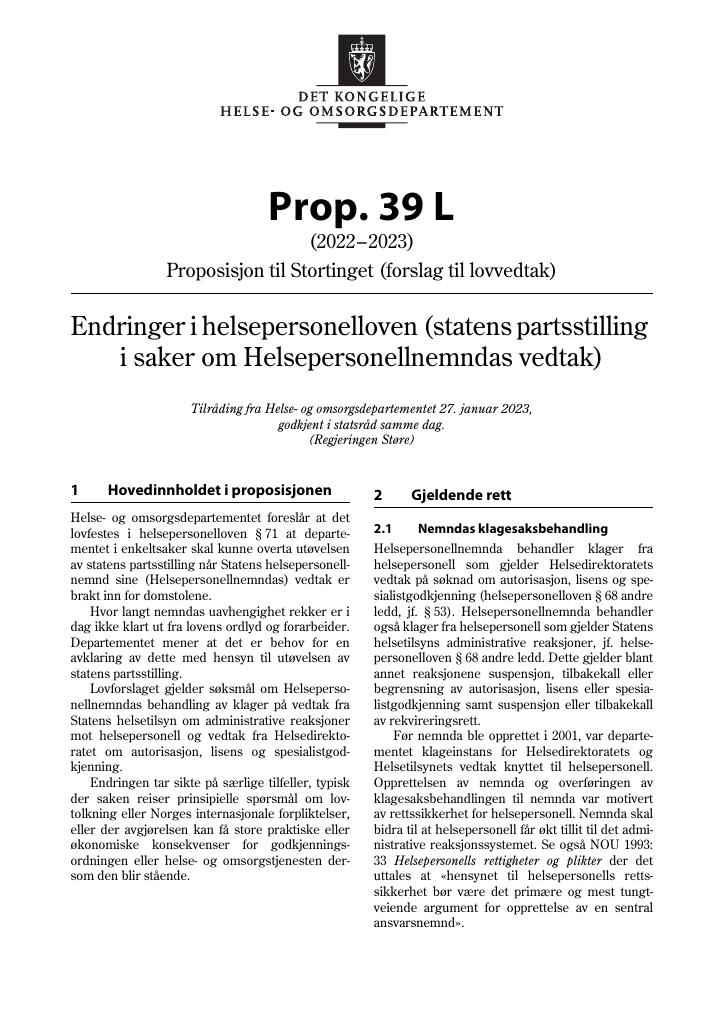 Forsiden av dokumentet Prop. 39 L (2022–2023)