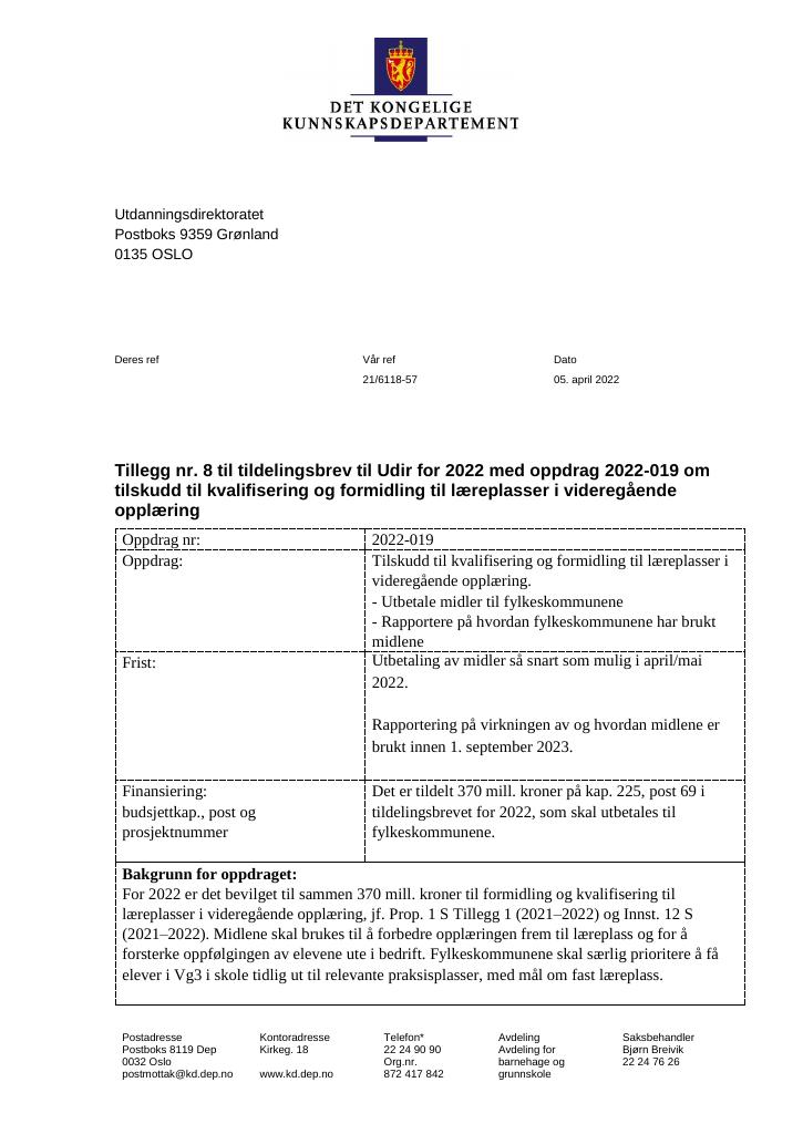Forsiden av dokumentet Tildelingsbrev Utdanningsdirektoratet 2022 - tillegg nr. 8