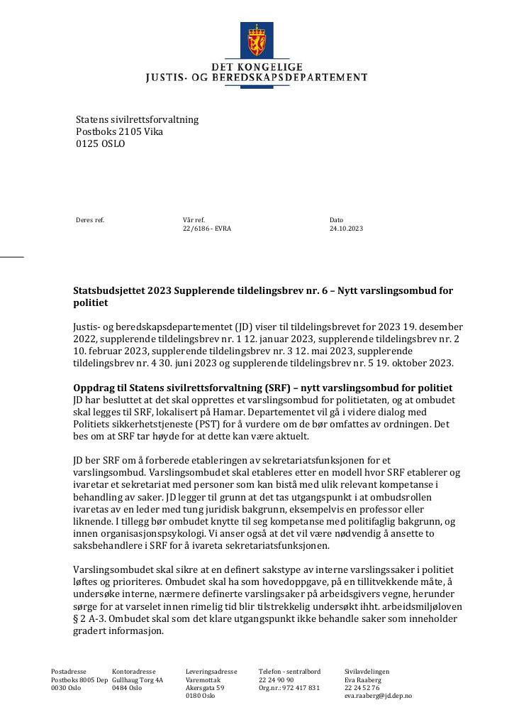 Forsiden av dokumentet Tildelingsbrev Statens sivilrettsforvaltning 2023 - tillegg nr. 6