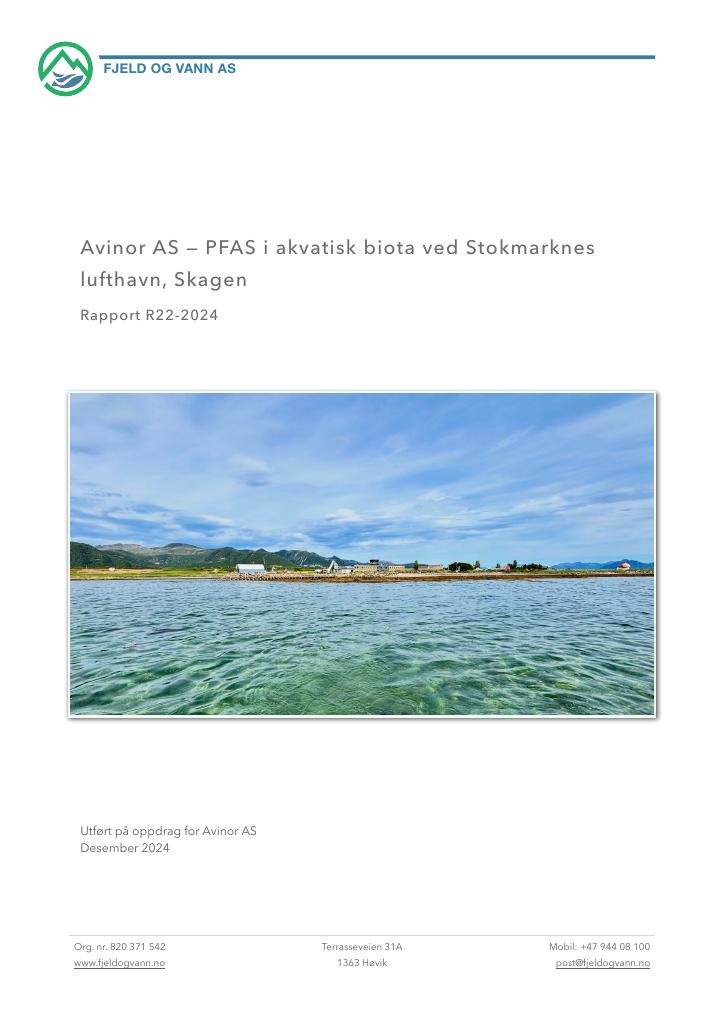 Forsiden av dokumentet Avinor AS — PFAS i akvatisk biota ved Stokmarknes lufthavn, Skagen
