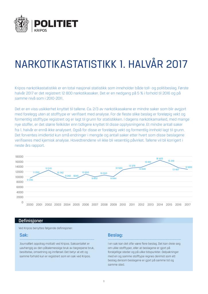 Forsiden av dokumentet NARKOTIKASTATISTIKK 1. HALVÅR 2017