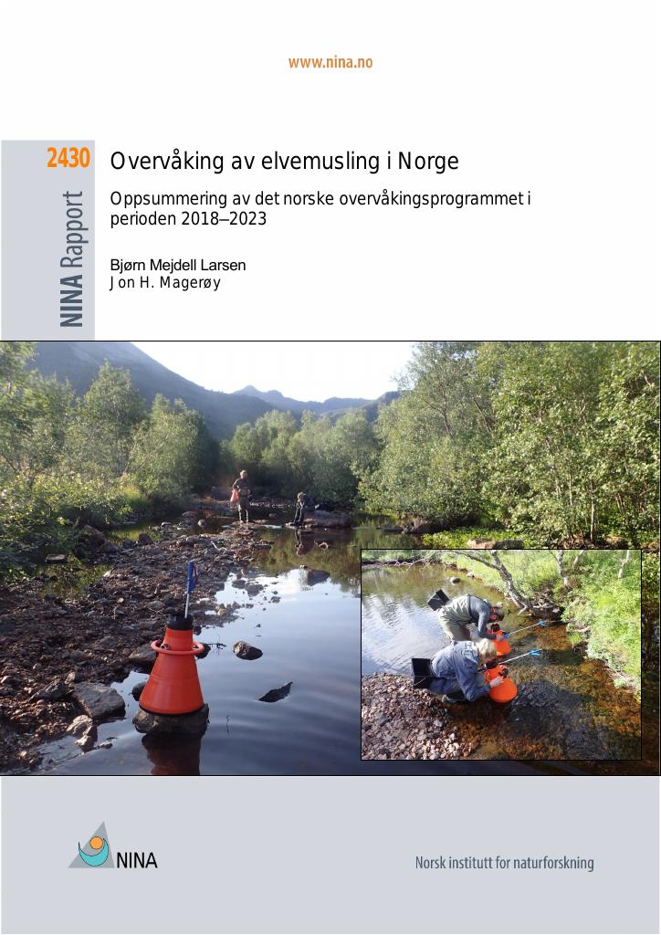Forsiden av dokumentet Overvåking av elvemusling i Norge. Oppsummering av det norske overvåkingsprogrammet i perioden 2018–2023 : M-2721