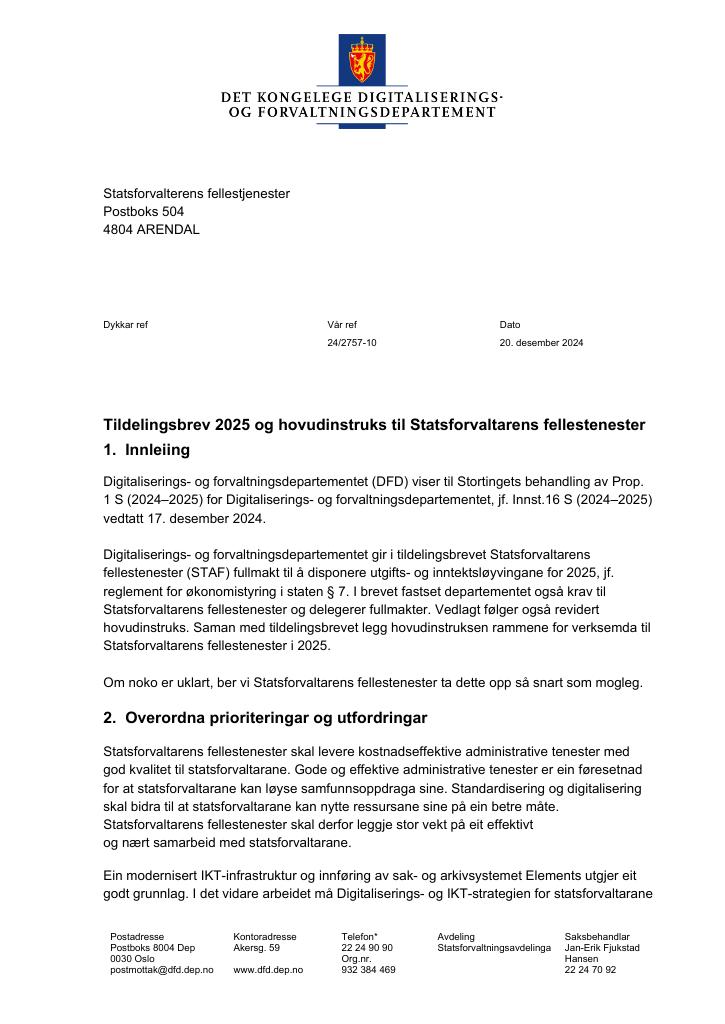 Forsiden av dokumentet Tildelingsbrev Statsforvalterens fellestjenester 2025