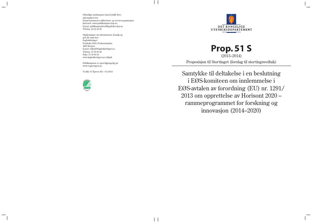 Forsiden av dokumentet Prop. 51 S (2013–2014)