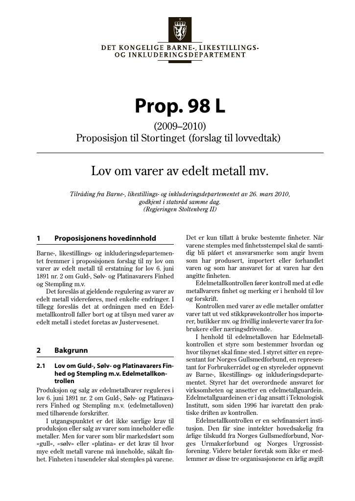 Forsiden av dokumentet Prop. 98 L (2009–2010)