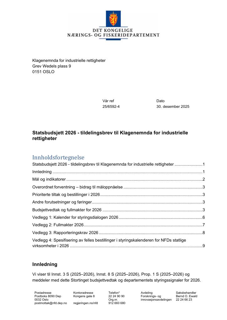 Forsiden av dokumentet Tildelingsbrev Klagenemnda for industrielle rettigheter 2026