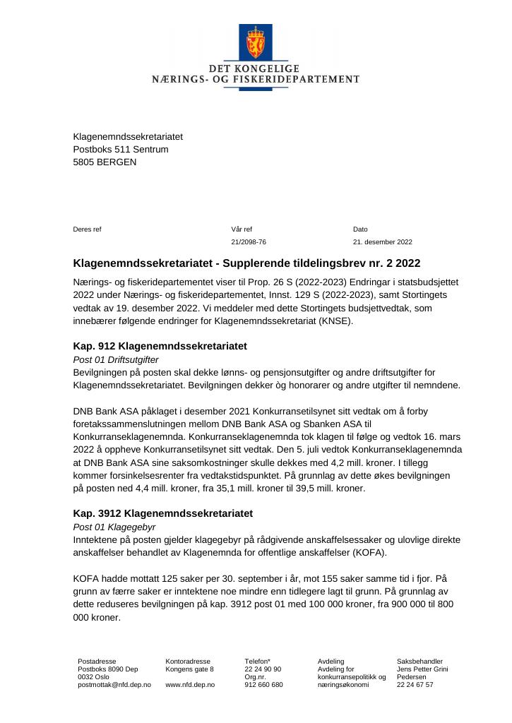 Forsiden av dokumentet Tildelingsbrev Klagenemndssekretariatet 2022 - tillegg nr. 2