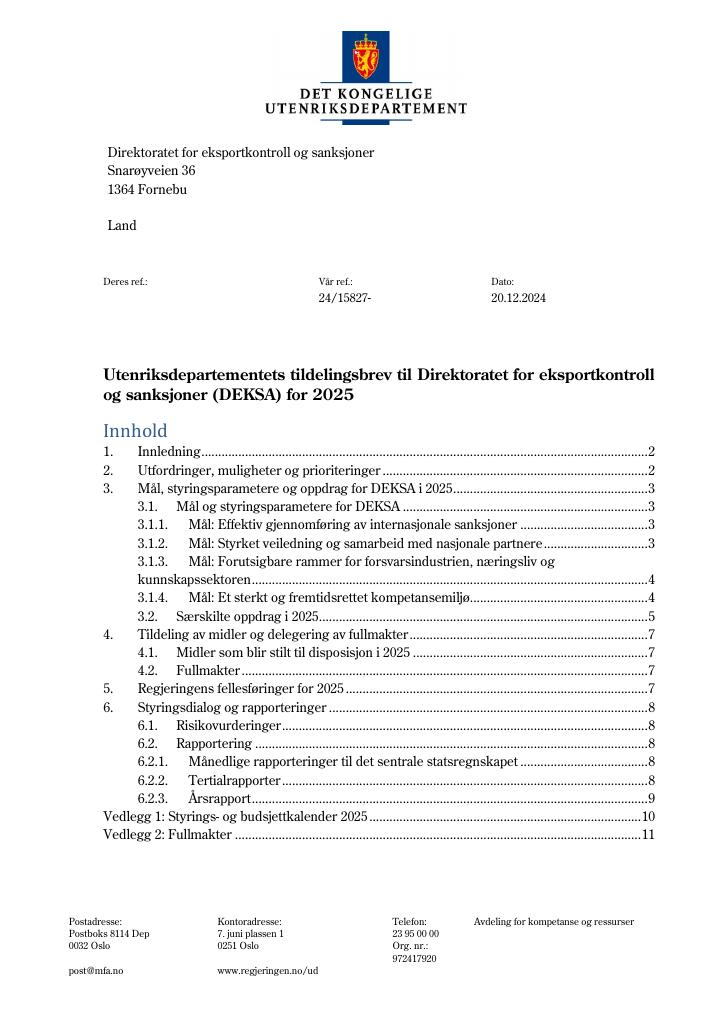 Forsiden av dokumentet Tildelingsbrev Direktoratet for eksportkontroll og sanksjoner (Deksa) 2025