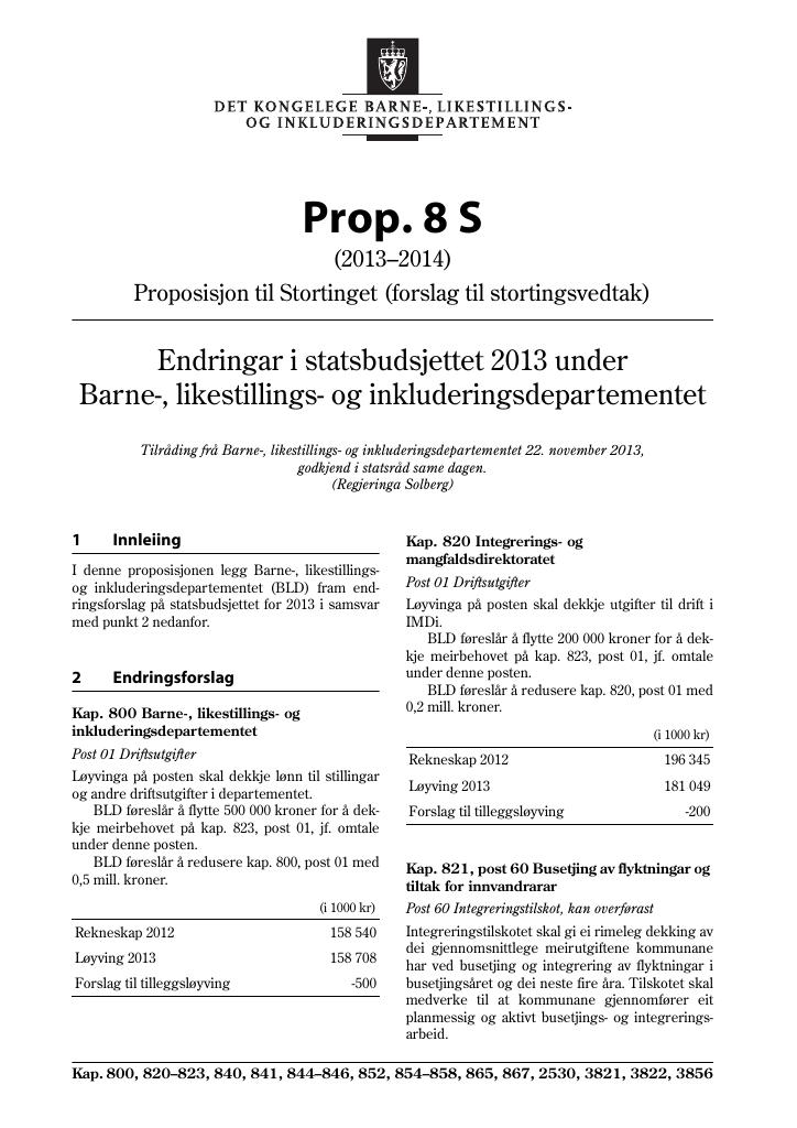 Forsiden av dokumentet Prop. 8 S (2013–2014)