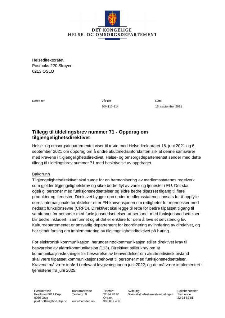 Forsiden av dokumentet Tildelingsbrev Helsedirektoratet 2021 - tillegg nr. 71