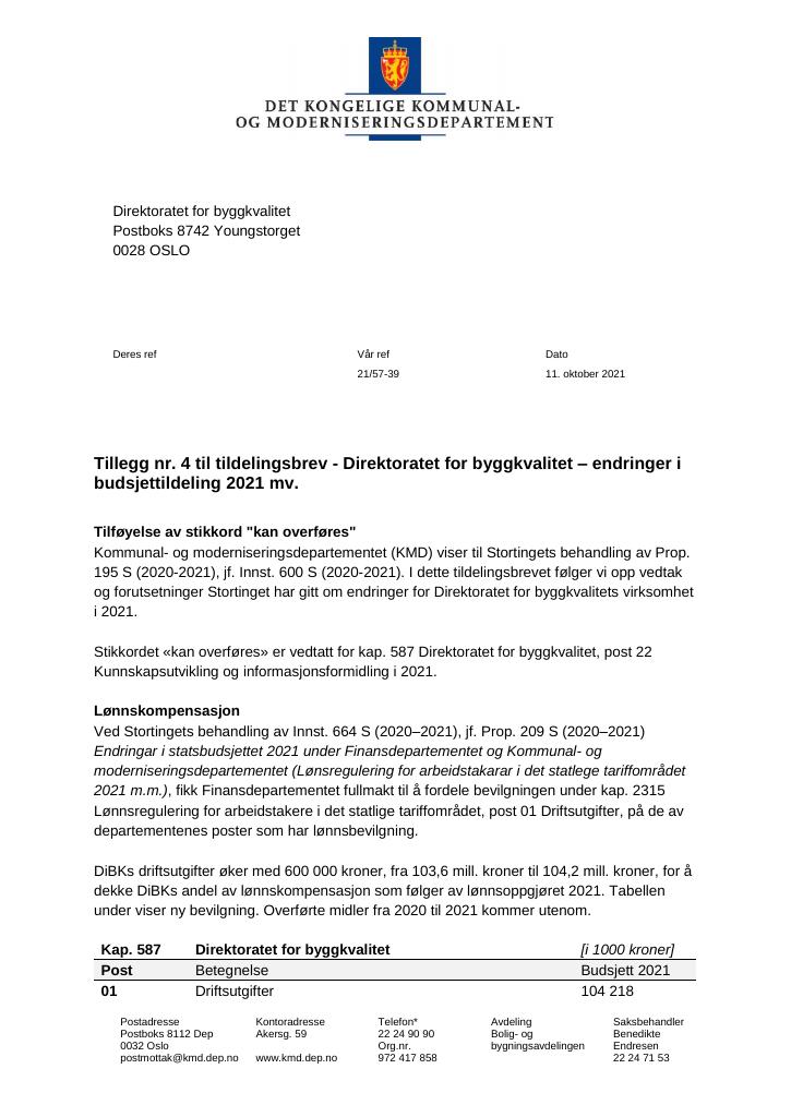 Tildelingsbrev Direktoratet For Byggkvalitet 2021 - Tillegg Nr. 4 - Kudos