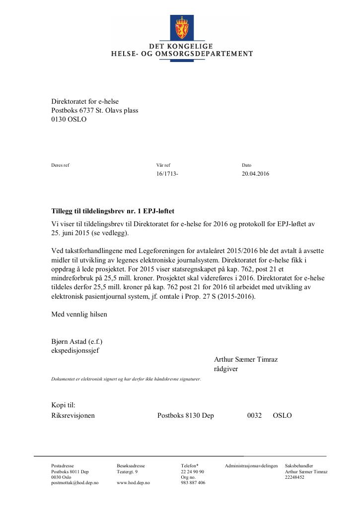 Forsiden av dokumentet Tildelingsbrev Direktoratet for e-helse 2022 - tillegg nr. 1