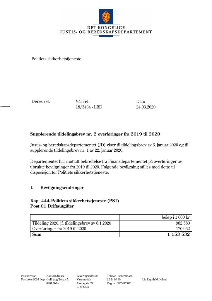 Forsiden av dokumentet Tildelingsbrev PST 2020 - tillegg nr. 2