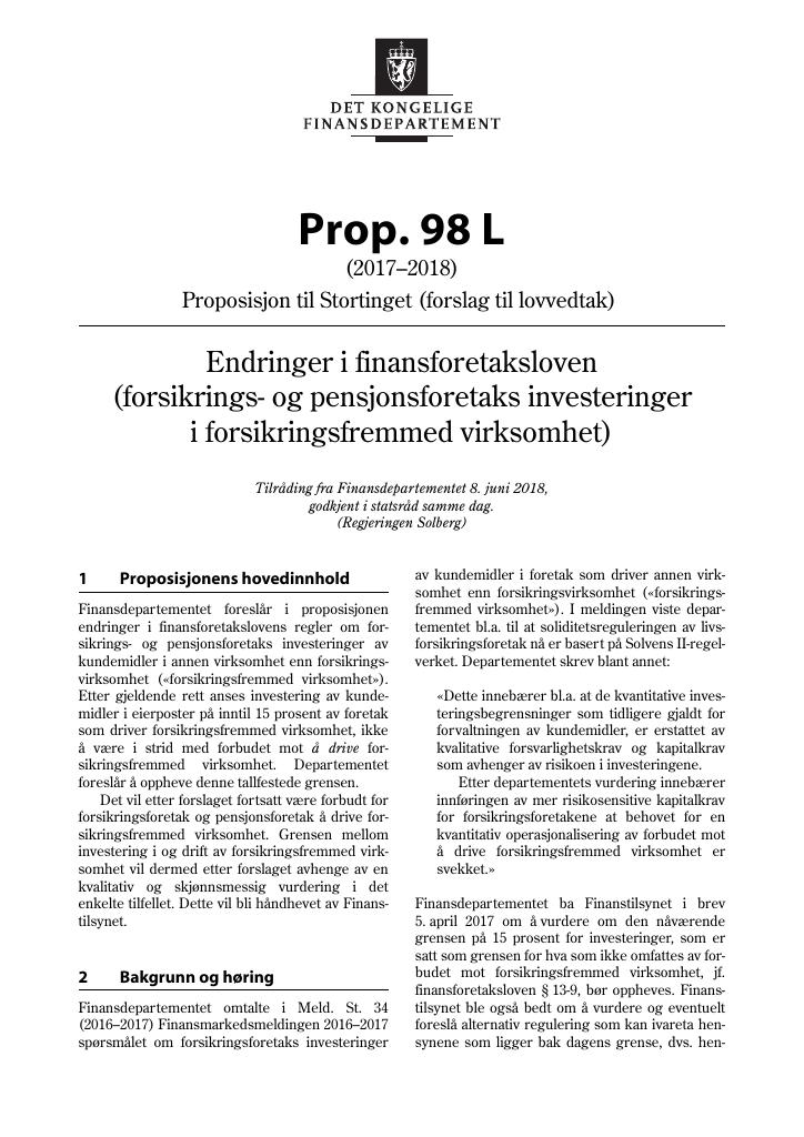 Forsiden av dokumentet Prop. 98 L (2017–2018)