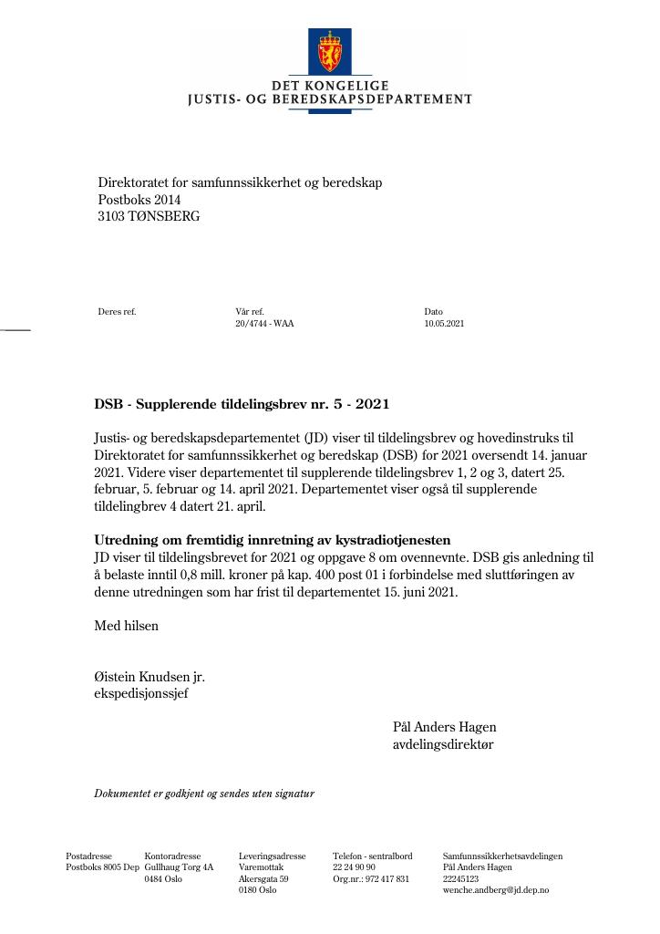 Forsiden av dokumentet Tildelingsbrev Direktoratet for samfunnssikkerhet og beredskap 2021 - tillegg nr. 5