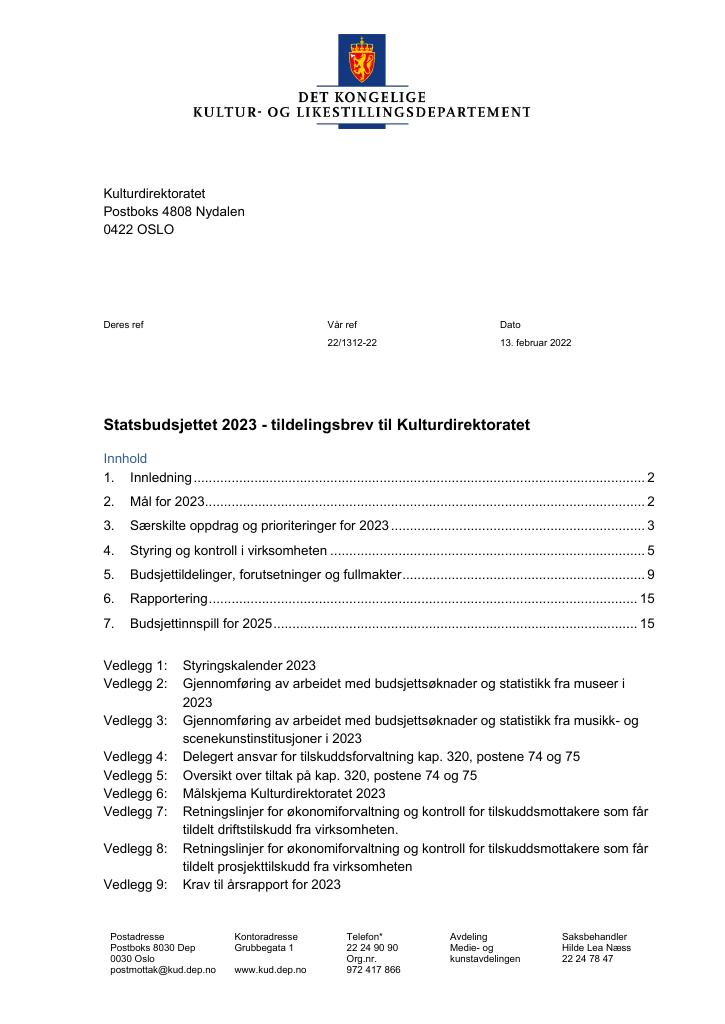 Tildelingsbrev Kulturdirektoratet 2023 - Kudos