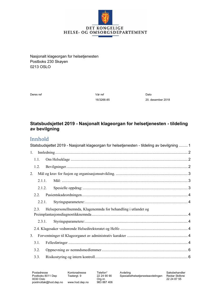 Forsiden av dokumentet Tildelingsbrev Nasjonalt klageorgan for helsetjenesten 2018