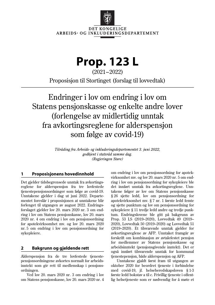Forsiden av dokumentet Prop. 123 L (2021–2022)