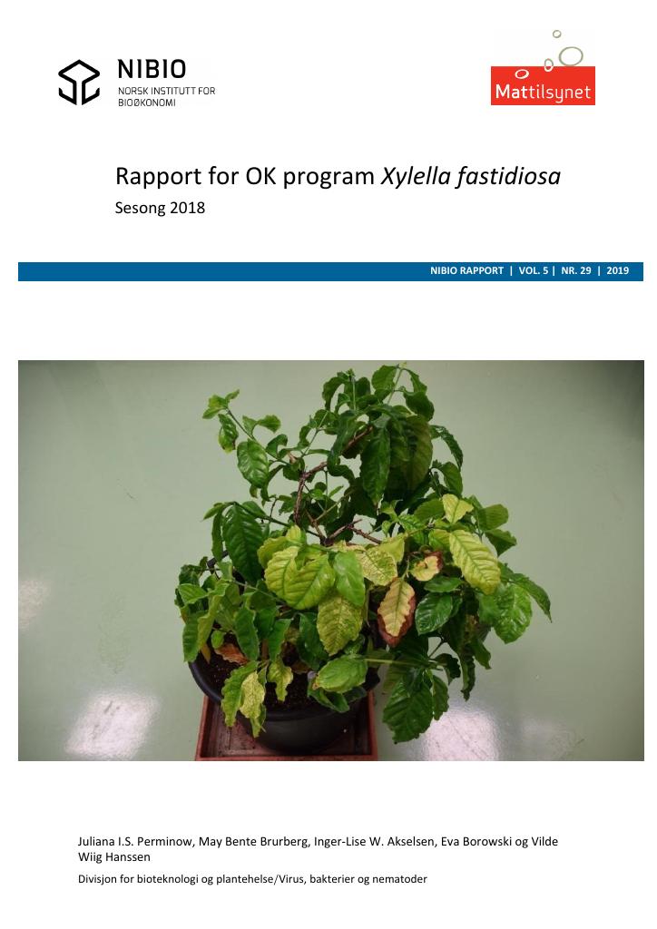 Forsiden av dokumentet Rapport for OK program Xylella fastidiosa : sesong 2018