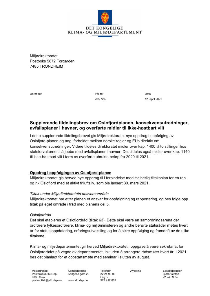 Forsiden av dokumentet Tildelingsbrev Miljødirektoratet 2021 - tillegg