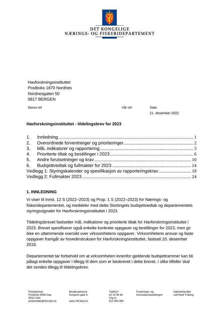 Forsiden av dokumentet Tildelingsbrev Havforskningsinstituttet 2023