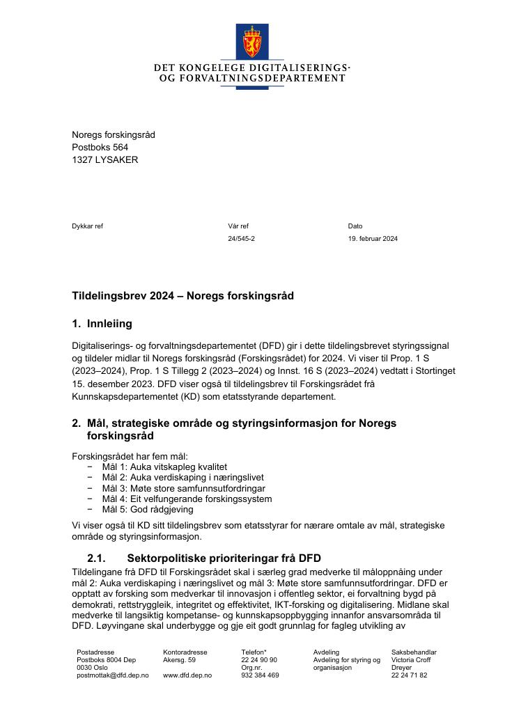 Forsiden av dokumentet Tildelingsbrev (pdf) 2024 Norges forskningsråd