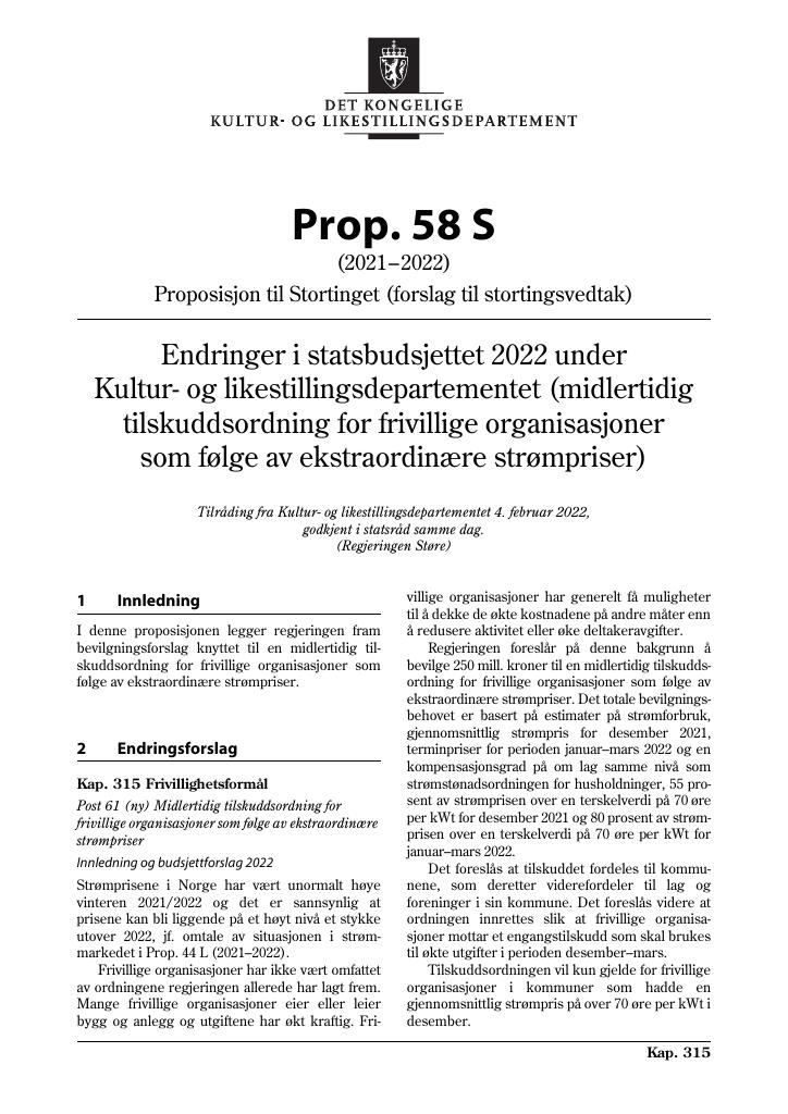 Forsiden av dokumentet Prop. 58 S (2021–2022)