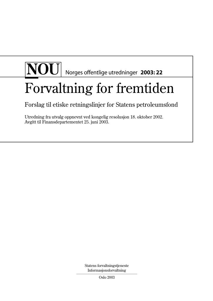 Forsiden av dokumentet NOU 2003: 22 - Forvaltning for fremtiden