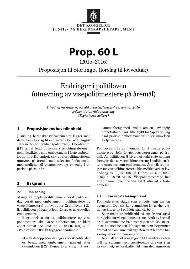 Forsiden av dokumentet Prop. 60 L (2015–2016)