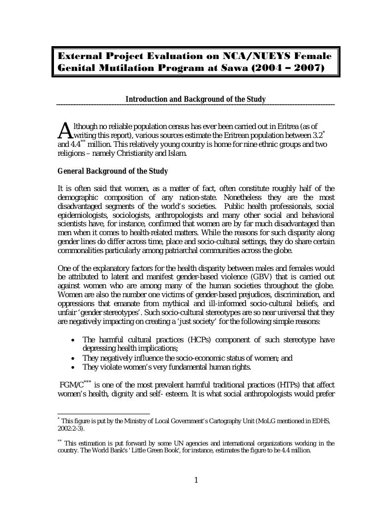 Forsiden av dokumentet “External Project Evaluation on NUEYS/NCA Female Genital Mutilation Program at Sawa (2004 – 2007)”