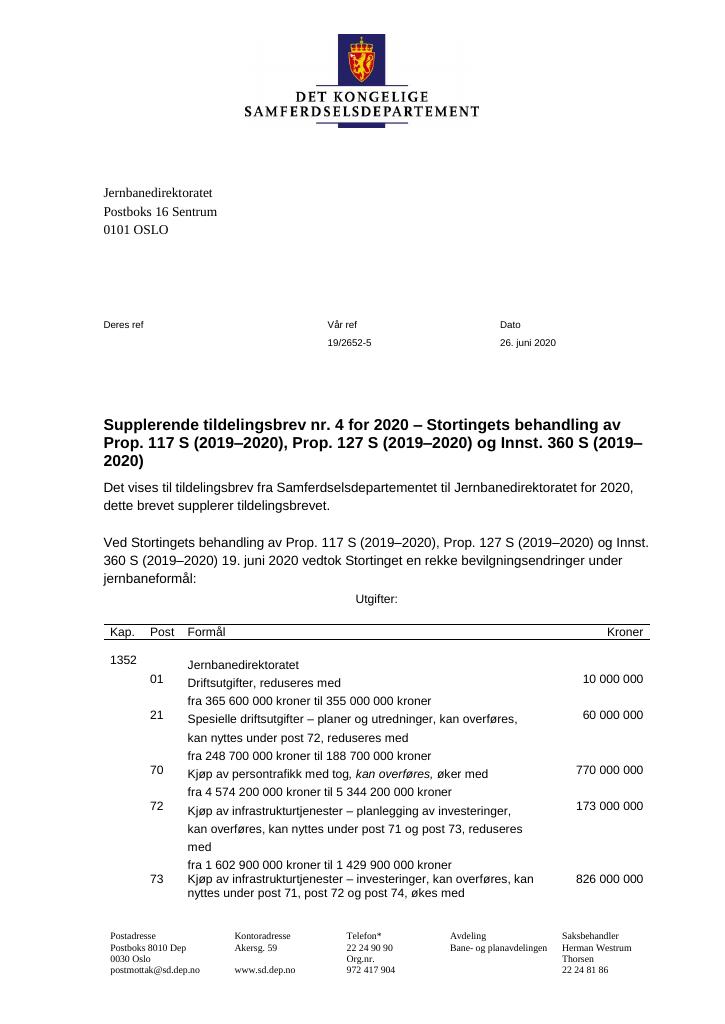 Forsiden av dokumentet Supplerende tildelingsbrev Jernbanedirektoratet 2020 - nr. 4