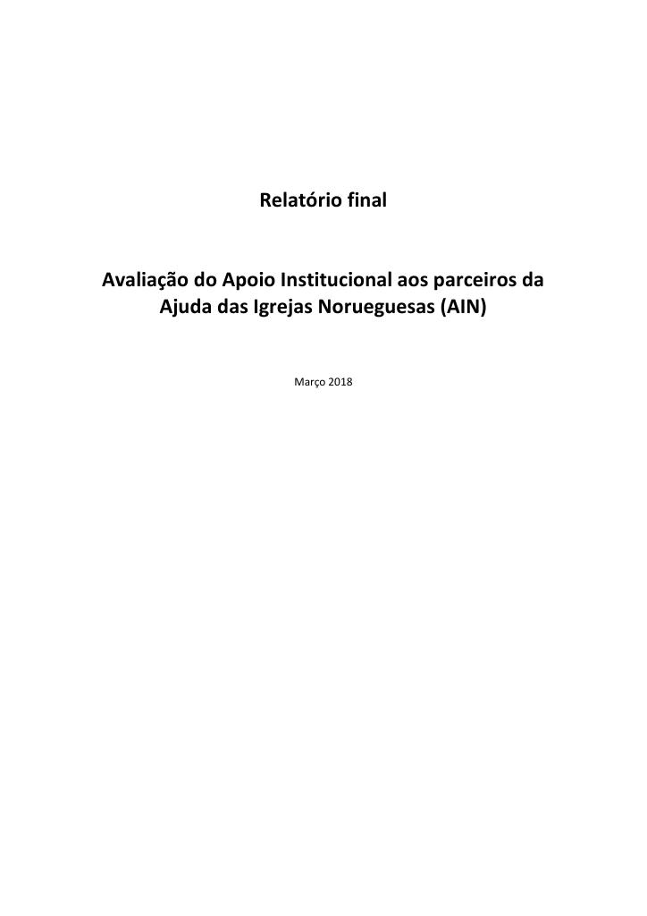 Forsiden av dokumentet Avaliação do Apoio Institucional aos parceiros da Ajuda das Igrejas Norueguesas (AIN) (Portuguese)