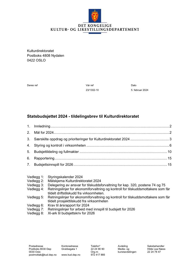 Forsiden av dokumentet Tildelingsbrev Kulturdirektoratet 2024