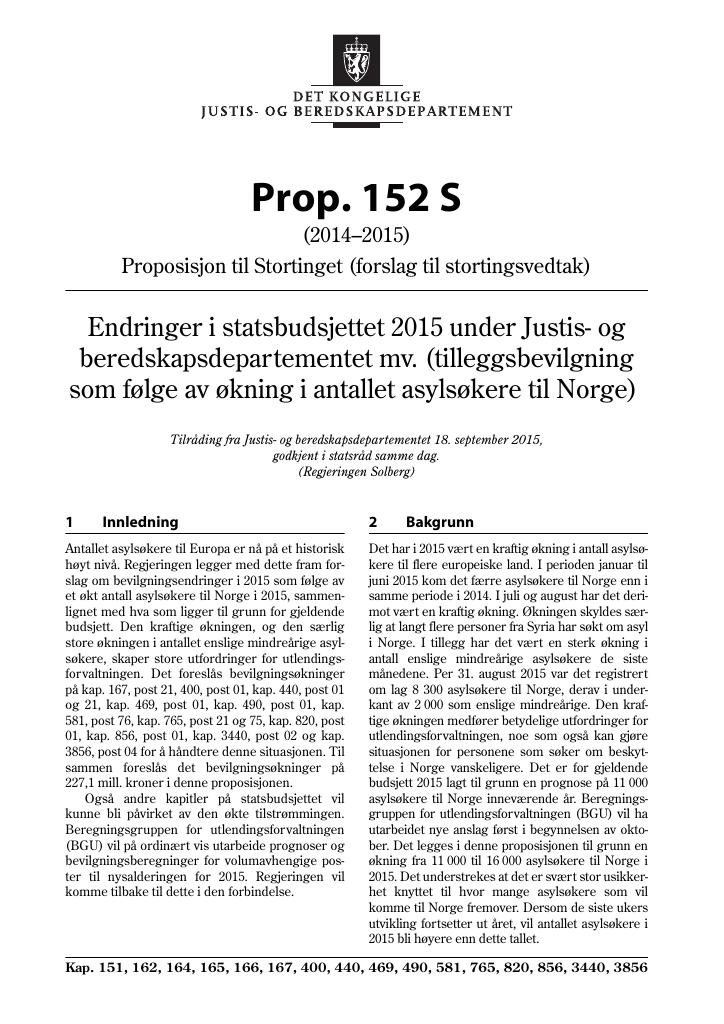 Forsiden av dokumentet Prop. 152 S (2014–2015)