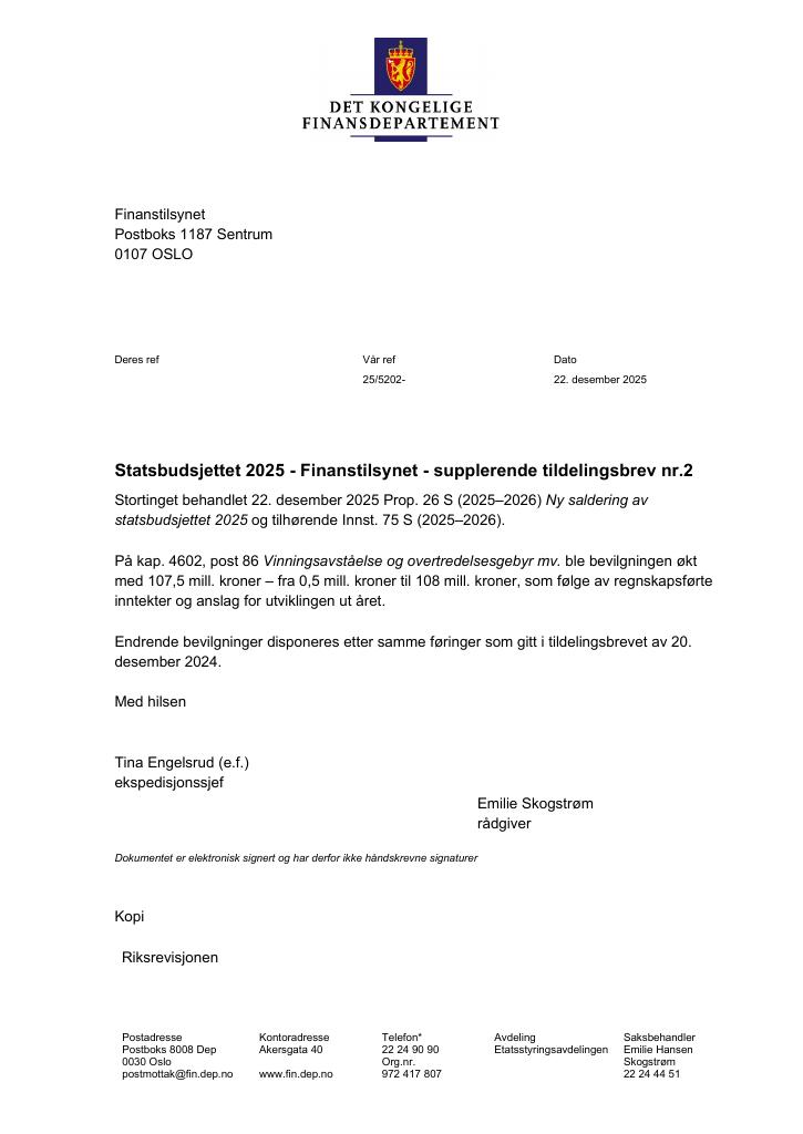 Forsiden av dokumentet Tildelingsbrev Finanstilsynet 2025 - tillegg nr. 2