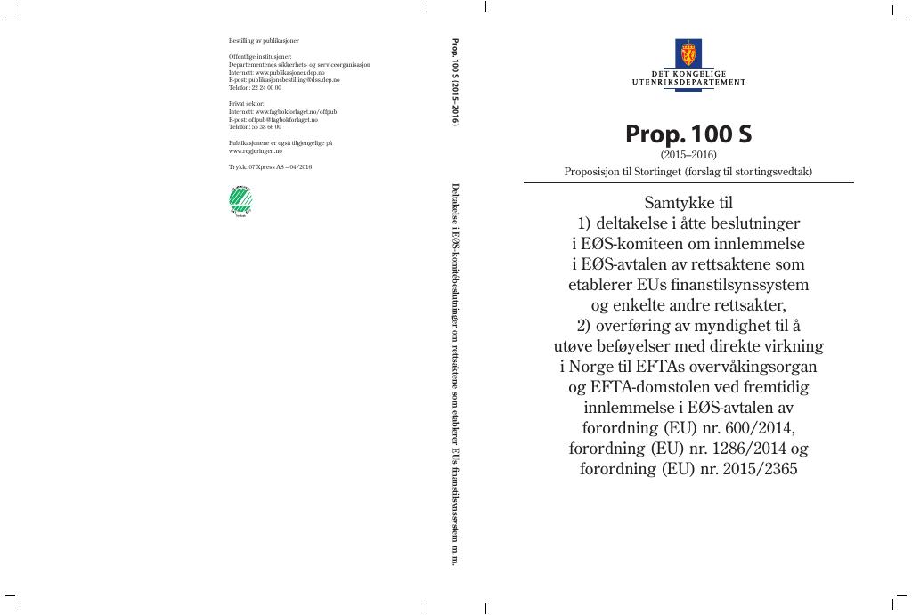 Forsiden av dokumentet Prop. 100 S (2015–2016)