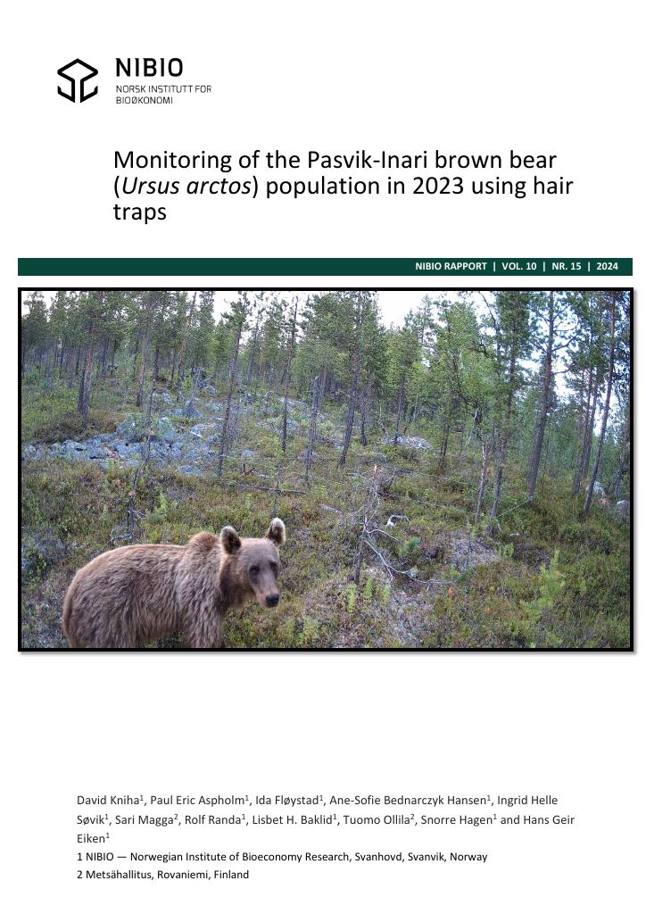 Forsiden av dokumentet Monitoring of the Pasvik-Inari brown bear (Ursus arctos) population in 2023 using hair traps