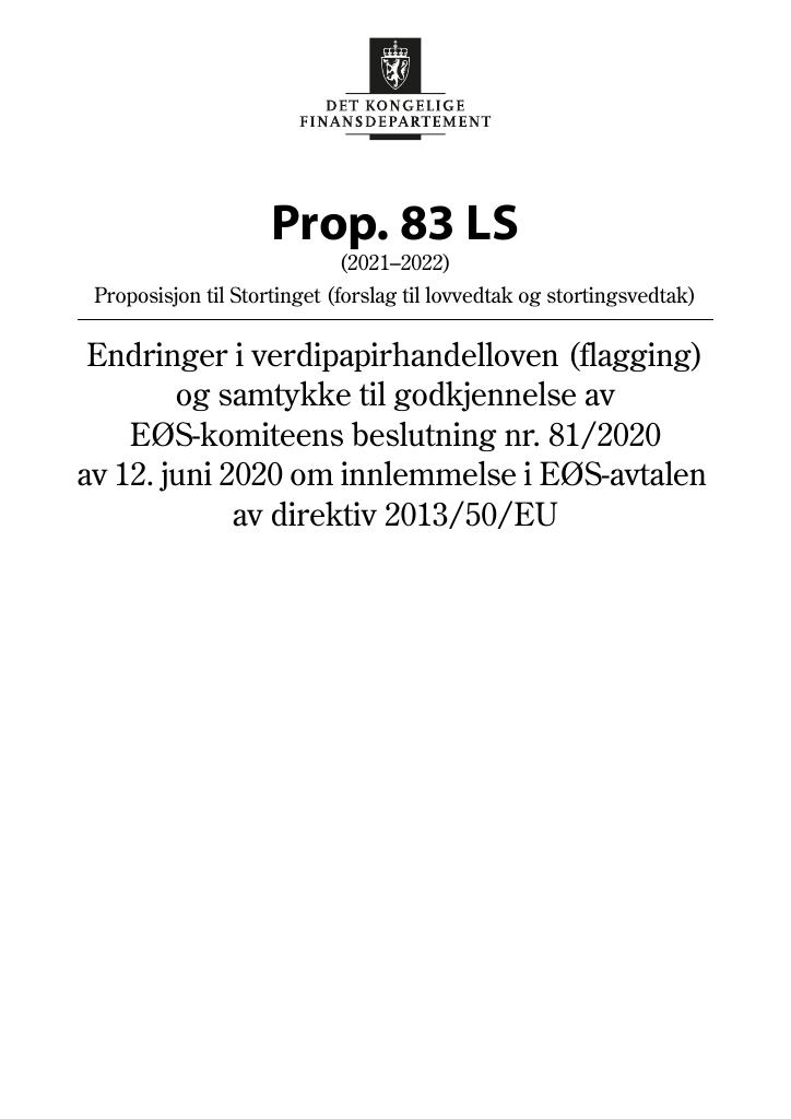 Forsiden av dokumentet Prop. 83 LS (2021–2022)