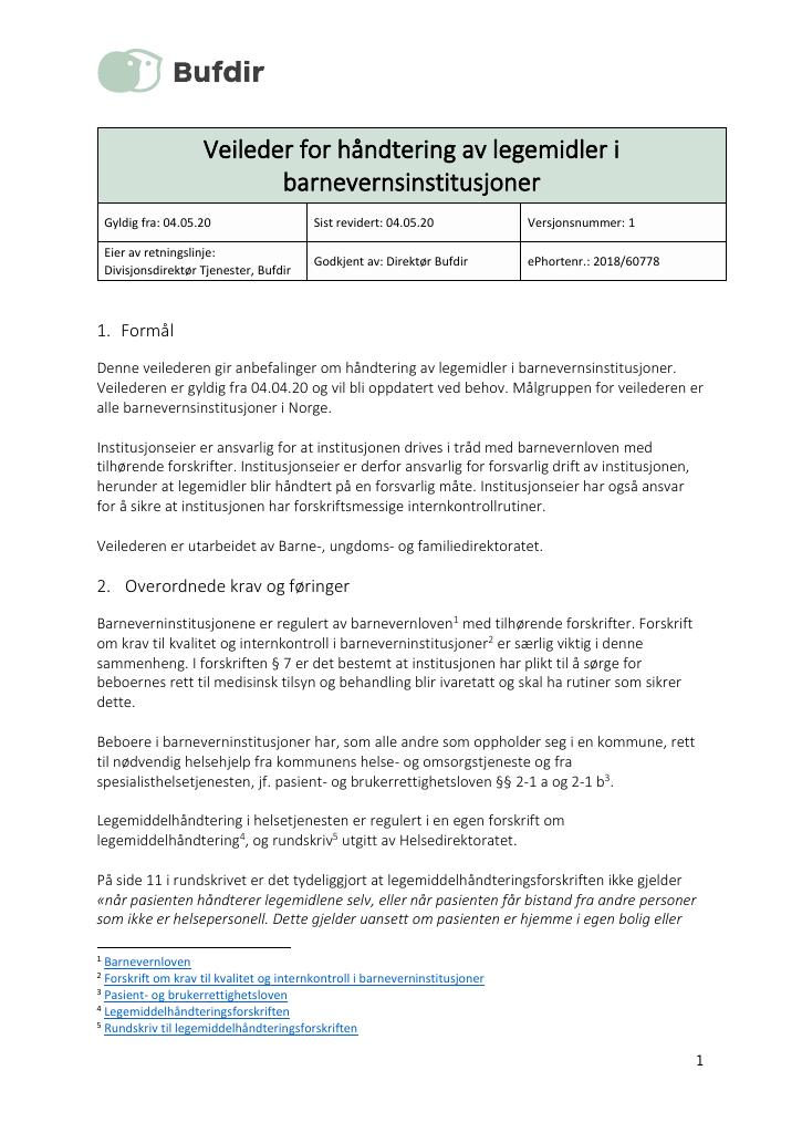 Forsiden av dokumentet Veileder for håndtering av legemidler i barnevernsinstitusjoner.