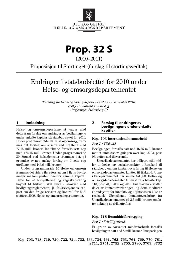 Forsiden av dokumentet Prop. 32 S (2010–2011)