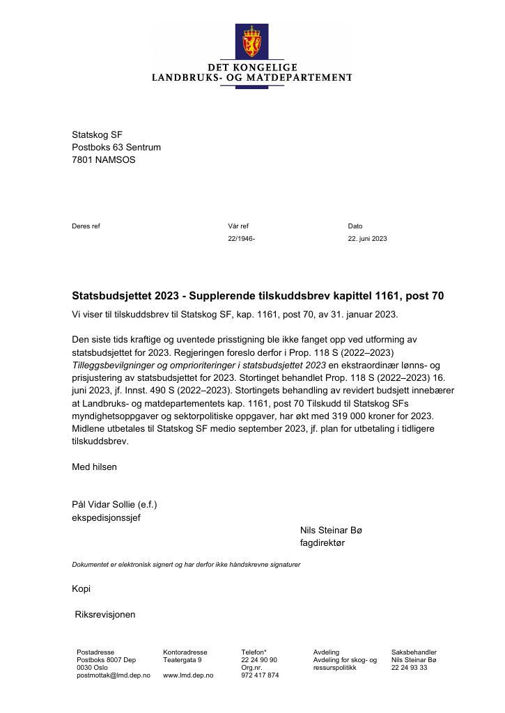 Forsiden av dokumentet Tilskuddsbrev Statskog SF 2023 - tillegg