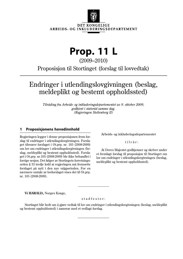 Forsiden av dokumentet Prop. 11 L (2009-2010)
