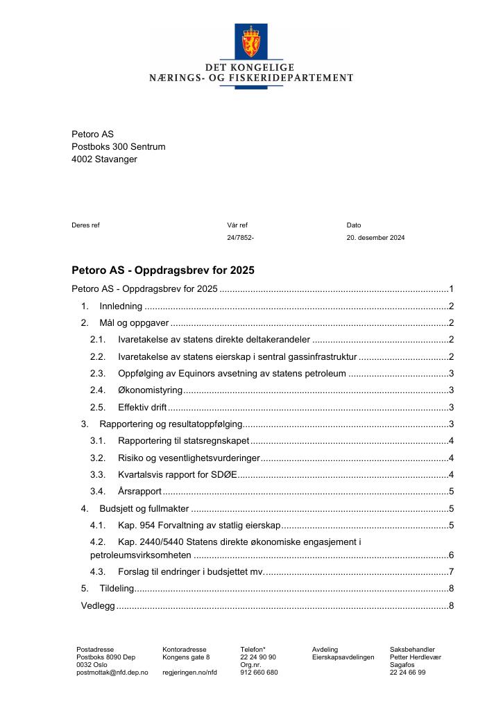 Forsiden av dokumentet Petoro AS - Oppdragsbrev for 2025