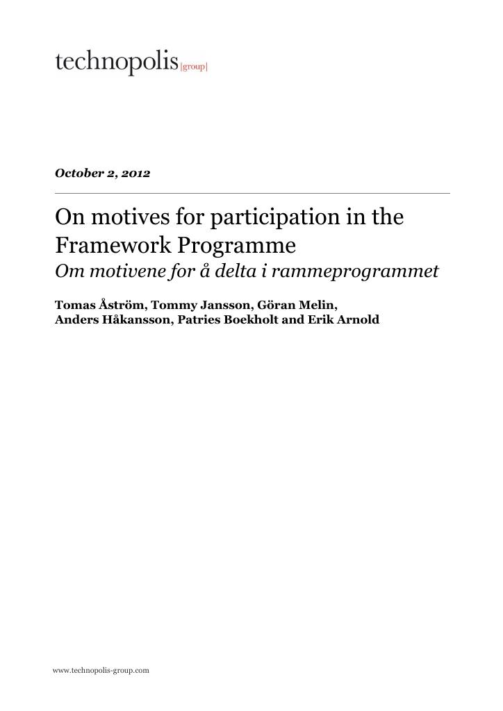 Forsiden av dokumentet On motives for participation in the Framework Programme