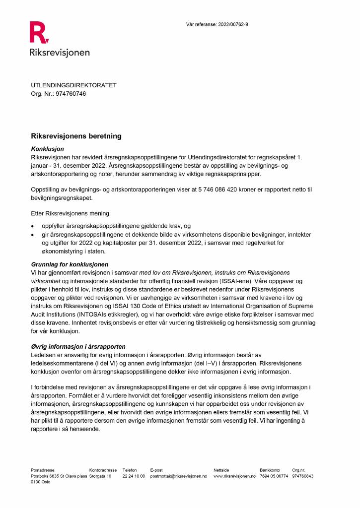 Forsiden av dokumentet Revisjonsberetning Utlendingsdirektoratet 2022