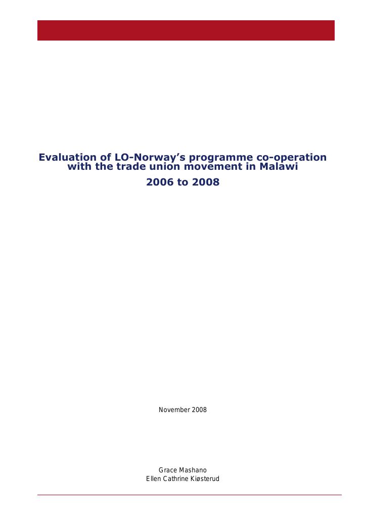 Forsiden av dokumentet Evaluation of LO-Norway’s programme co-operation with the trade union movement in Malawi 2006 to 2008
