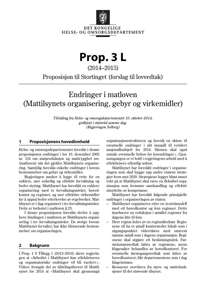 Forsiden av dokumentet Prop. 3 L (2014–2015)