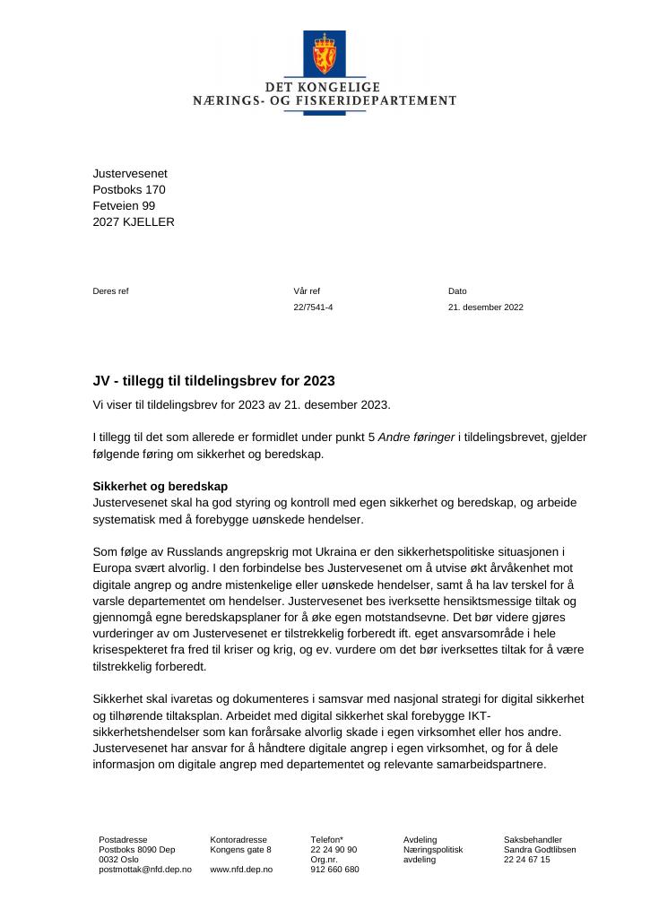 Forsiden av dokumentet Tildelingsbrev Justervesenet 2023 - tillegg