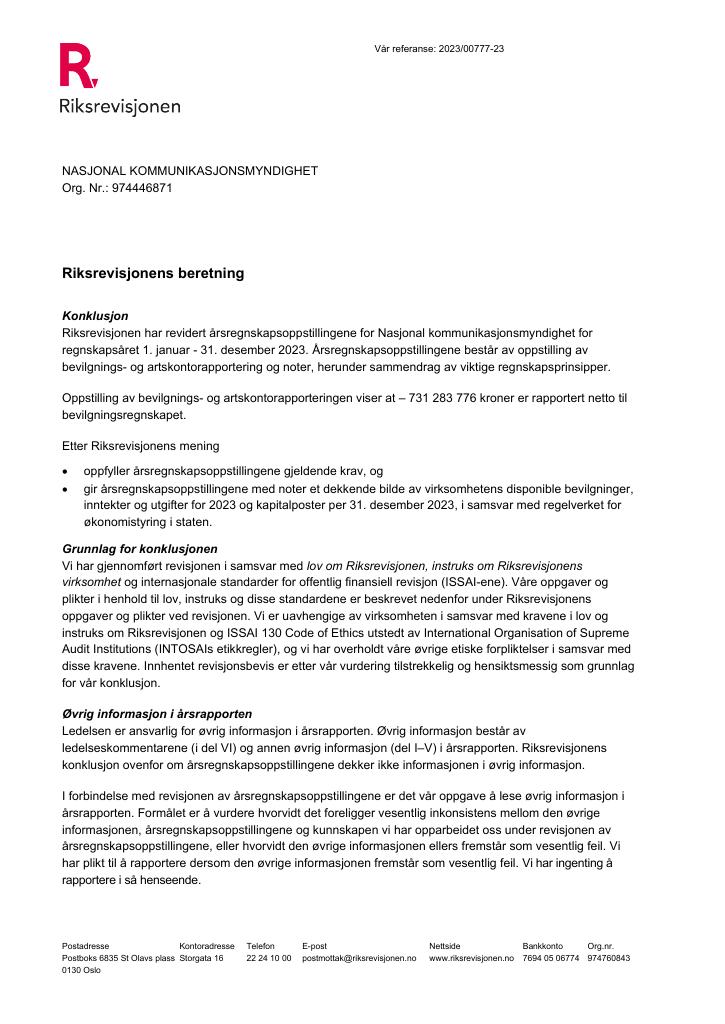 Forsiden av dokumentet revisjonsberetning(pdf) 2023